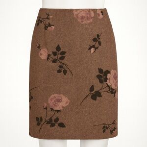 Romantic Cottagecore Chocolate Brown Floral Midi Pencil Skirt Wool Silk Blend 8